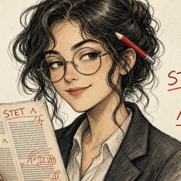 Sofia, illustrated: an editor with round glasses and a red pencil behind her ear, holding a marked-up proof